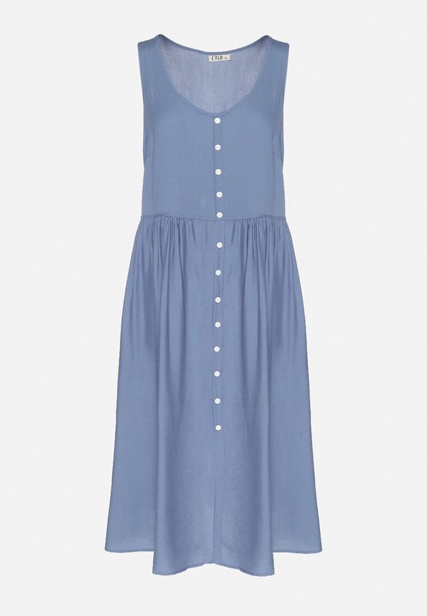 Born2be - Niebieska Wiskozowa Sukienka o Rozkloszowanym Kroju z Guzikami Natesana. Okazja: na co dzień, na spacer. Kolor: niebieski. Materiał: wiskoza. Typ sukienki: proste. Styl: casual
