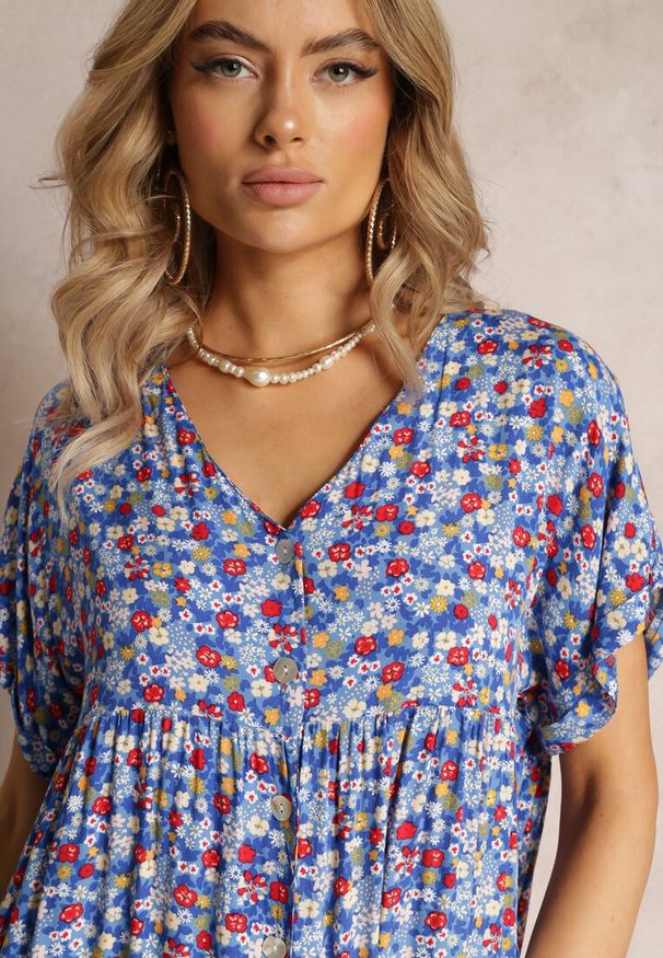 Renee - Niebieska Rozkloszowana Sukienka z Falbanką Passona. Kolor: niebieski. Materiał: tkanina, wiskoza. Wzór: kwiaty. Typ sukienki: rozkloszowane. Długość: mini