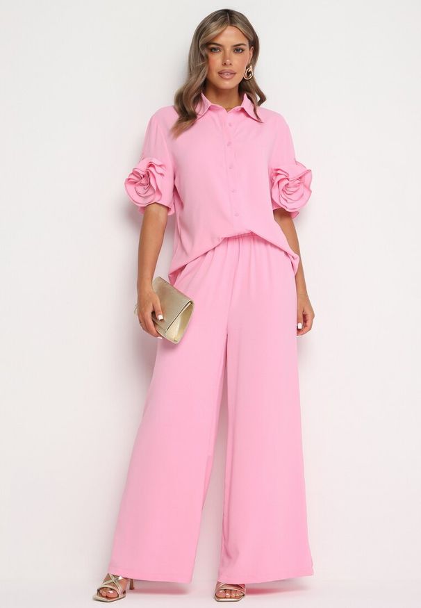 Born2be - Różowy Komplet Koszula z Ozdobnymi Rękawami i Szerokie Spodnie Rivasene. Kolor: różowy. Wzór: aplikacja