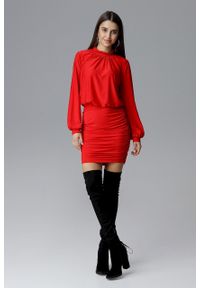 e-margeritka - Dopasowana sukienka z szerokim rękawem czerwona - l. Typ kołnierza: kołnierzyk stójkowy. Kolor: czerwony. Materiał: poliester, elastan, materiał. Typ sukienki: dopasowane. Długość: mini #1