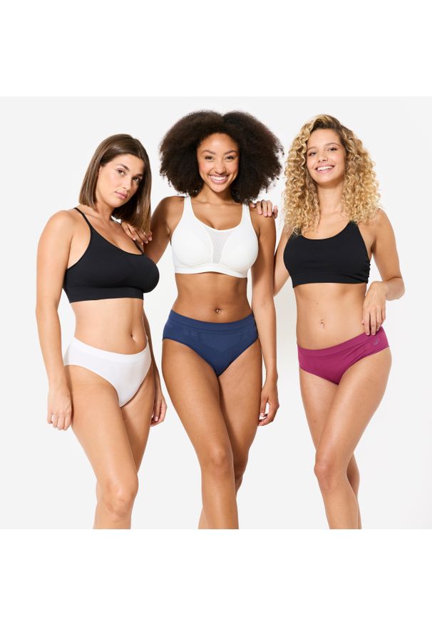 Majtki damskie Decathlon 3 sztuki. Kolor: niebieski, biały, wielokolorowy, fioletowy. Materiał: elastan, poliamid, materiał