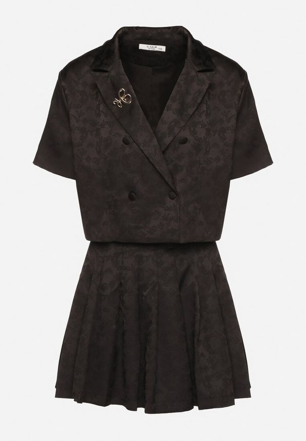 Born2be - Czarny Wiskozowy Komplet Krótka Bluzka z Guzikami i Plisowana Spódnica z Szortami Niluvira. Kolor: czarny. Materiał: wiskoza