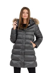 Hetrego - HETREGO Szara damska kurtka puchowa Leonie Quilted Woman Jacket With Detached Hood. Okazja: na co dzień. Kolor: szary. Materiał: puch. Długość rękawa: długi rękaw. Długość: długie. Styl: casual