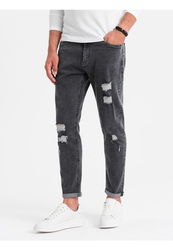 Ombre Clothing - Washowane męskie spodnie jeansowe TAPERED FIT z przetarciami – grafitowe V3 - Rozmiar: L. Kolor: szary. Materiał: jeans. Styl: rockowy