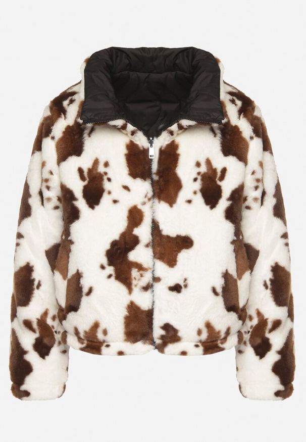 Born2be - Czarna Dwustronna Pikowana Kurtka z Futerkiem w Łaty Meviatella. Okazja: na co dzień. Kolor: czarny. Materiał: futro. Styl: casual, klasyczny