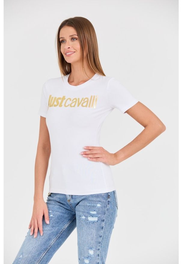 Just Cavalli - JUST CAVALLI Biały t-shirt Logo Gold. Kolor: biały