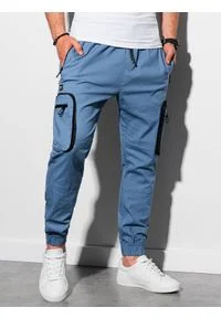 Ombre Clothing - Spodnie męskie joggery P960 - niebieskie - XXL. Kolor: niebieski. Materiał: materiał, bawełna