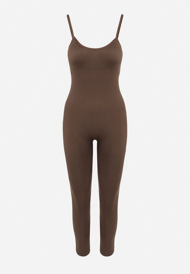 Born2be - Brązowy Kombinezon Bodycon z Cienkimi Ramiączkami Nevithas. Okazja: na co dzień. Kolor: brązowy. Materiał: jeans. Długość rękawa: na ramiączkach. Długość: długie. Styl: klasyczny, casual