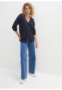 bonprix - Sweter rozpinany z dzianiny Milano w prążek. Kolor: niebieski. Materiał: dzianina. Wzór: prążki