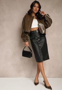 Renee - Czarna Spódnica Ołówkowa High Waist z Imitacji Skóry Ozdobiona Paskiem Norinka. Okazja: do pracy, na randkę. Stan: podwyższony. Kolor: czarny. Materiał: skóra. Wzór: aplikacja. Styl: klasyczny, elegancki #5