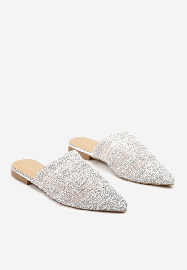 Renee - Srebrne Klapki Mule Ozdobione Plecionką Tatnora. Okazja: na co dzień. Kolor: srebrny. Materiał: jeans. Wzór: aplikacja. Sezon: lato, wiosna. Obcas: na obcasie. Styl: elegancki, casual