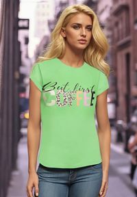 Born2be - Zielony T-shirt z Napisem z Motywem Kawy Dimrrue. Kolor: zielony. Materiał: tkanina. Wzór: napisy. Styl: elegancki #1
