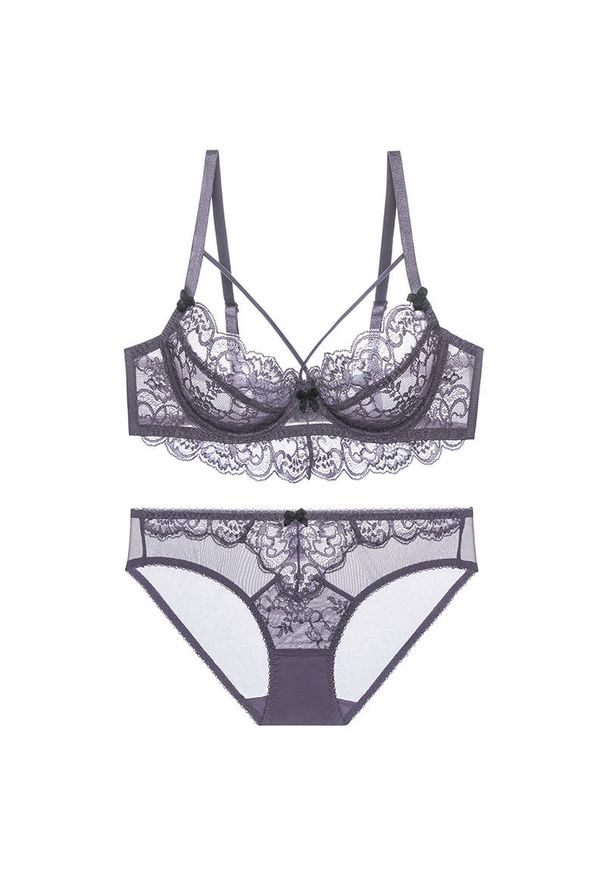 Intica - Koronkowy komplet bielizny ze strapsami na specjalne okazje Ralica. Kolor: fioletowy. Materiał: koronka. Wzór: aplikacja, paski, koronka