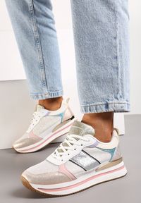 Renee - Srebrno-Różowe Sneakersy Ozdobione Brokatem i Kolorowymi Wstawkami Veradis. Kolor: srebrny. Wzór: aplikacja, kolorowy #2