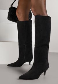 Renee - Czarne Kozaki na Kaczuszce z Elegancką Cholewką do Kolana Tesema. Okazja: na co dzień. Kolor: czarny. Materiał: jeans, futro. Szerokość cholewki: normalna. Obcas: na szpilce. Styl: elegancki