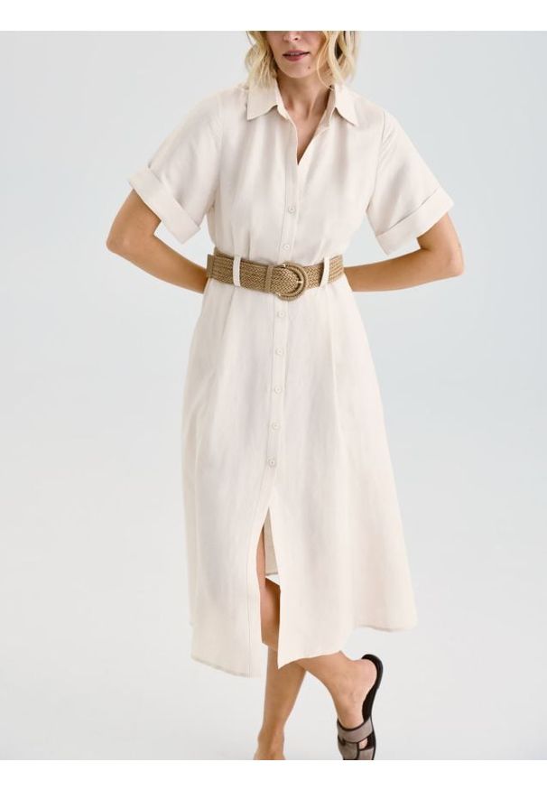 Reserved - Sukienka midi z dodatkiem lnu - beżowy. Kolor: beżowy. Materiał: len. Długość: midi