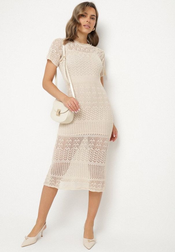 Born2be - Beżowa Ażurowa Sukienka z Wiskozą Zoriena. Okazja: na co dzień. Kolor: beżowy. Materiał: wiskoza. Długość rękawa: na ramiączkach. Wzór: ażurowy. Typ sukienki: proste. Styl: casual, elegancki, boho
