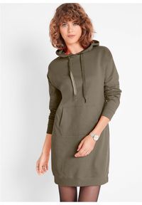 bonprix - Sukienka dresowa z bawełny organicznej. Typ kołnierza: kaptur. Kolor: zielony. Materiał: bawełna, dresówka #1