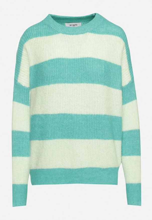 Born2be - Zielony Sweter w Pasy z Wełną Zakończony Ściągaczem Tiaelle. Okazja: na co dzień, na spotkanie biznesowe. Kolor: zielony. Materiał: wełna. Styl: biznesowy, klasyczny, casual