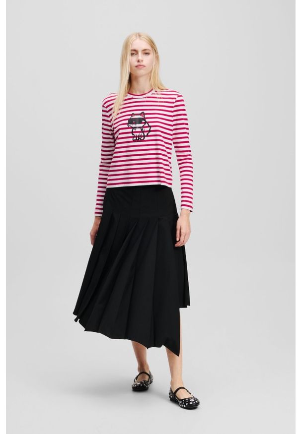 Karl Lagerfeld - KARL LAGERFELD Czerwono-biały damski lonsgleeve Ikon Print Stripe. Kolor: czerwony. Materiał: materiał. Wzór: nadruk. Styl: elegancki