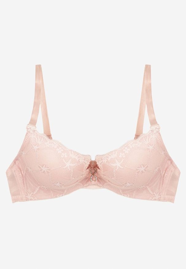 Born2be - Różowy Koronkowy Biustonosz Push Up Ozdobiony Metaliczną Aplikacją Norithiel. Kolor: różowy. Materiał: koronka. Rodzaj stanika: push-up. Wzór: aplikacja