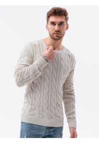 Ombre Clothing - Sweter męski z warkoczowym splotem E195 - biały - XXL. Okazja: na co dzień. Kolor: biały. Materiał: jeans, bawełna, akryl. Wzór: ze splotem. Styl: casual, klasyczny, elegancki
