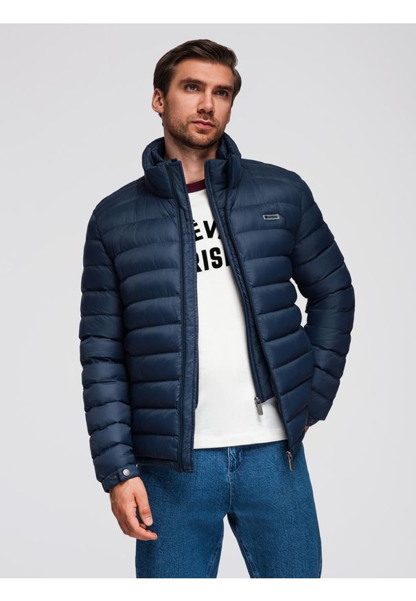 Ombre Clothing - Męska pikowana kurtka z dwoma zapięciami - granatowa V1 - Rozmiar: L. Okazja: na co dzień. Kolor: niebieski. Materiał: poliester, nylon, materiał, tkanina. Wzór: aplikacja, gładki. Styl: klasyczny, casual, elegancki