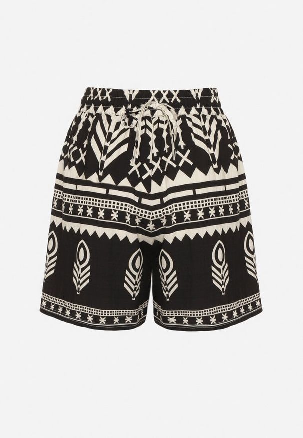 Born2be - Czarne Szorty z Wiskozy z Wysokim Stanem ze Wzorem w Stylu Etno Lunabella. Okazja: na co dzień. Stan: podwyższony. Kolor: czarny. Materiał: wiskoza. Styl: etno
