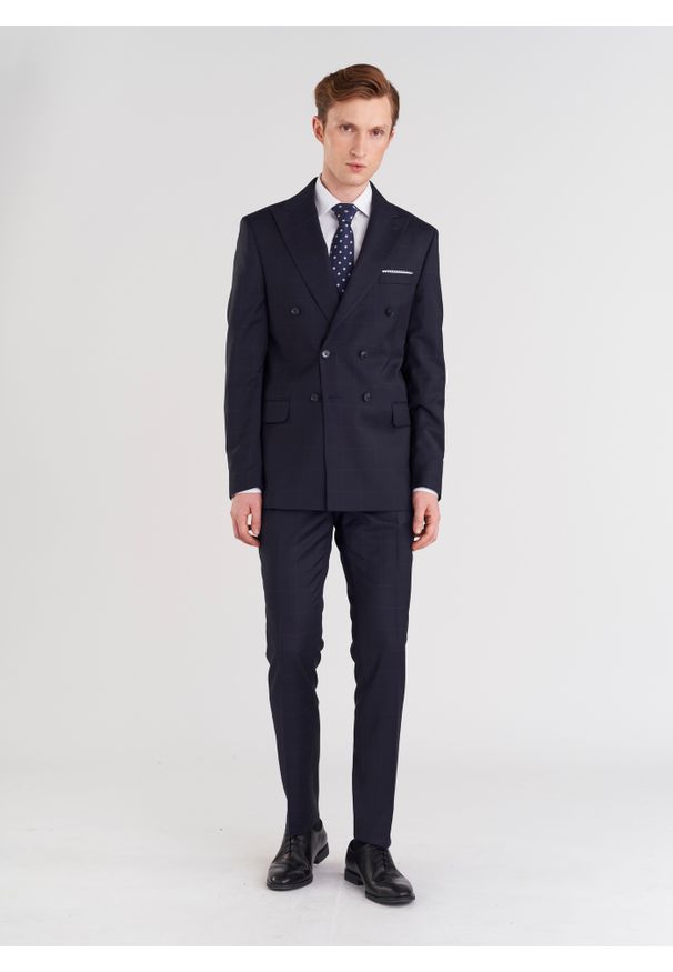 Pako Lorente - PAKO LORENTE – Granatowe spodnie garniturowe w subtelną kratę. Kolor: niebieski. Materiał: wełna. Styl: klasyczny, elegancki