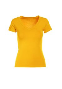 Born2be - Ciemnożółty T-shirt Aegameda. Kolor: żółty. Materiał: dzianina. Długość rękawa: krótki rękaw. Długość: krótkie