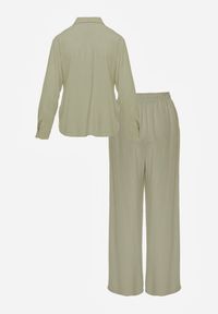 Renee - Zielony Komplet z Wiskozy Spodnie Szerokie i Koszula z Ozdobnym Materiałem Airial. Kolor: zielony. Materiał: wiskoza, materiał #3