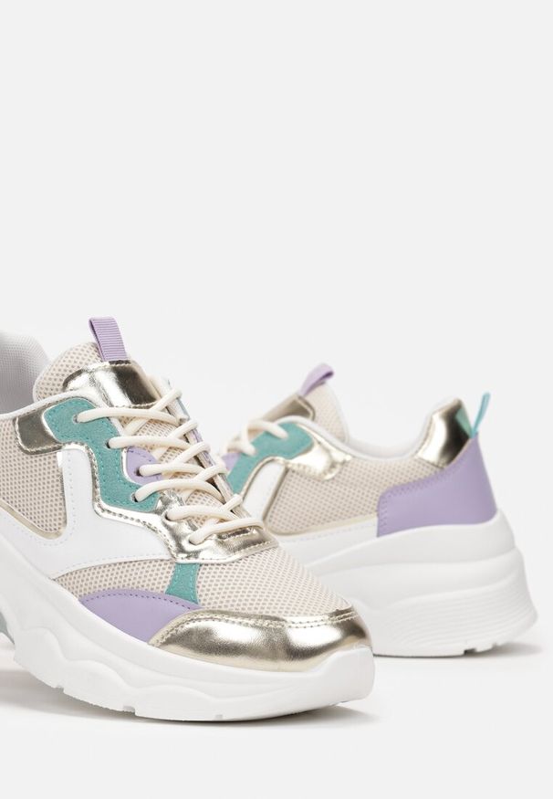 Born2be - Beżowo-Złote Sneakersy na Grubej Podeszwie z Lakierowanymi Wstawkami Fryda. Kolor: beżowy. Materiał: lakier
