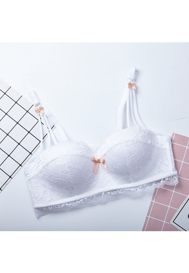 Intica - Biustonosz balkonetka push-up koronkowy z kokardkami Hafize. Kolor: biały. Materiał: koronka. Rodzaj stanika: push-up