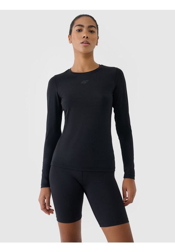 4f - 4F Longsleeve treningowy szybkoschnący damski - czarny XS. Kolor: czarny. Materiał: dzianina, włókno, syntetyk, materiał, elastan. Długość rękawa: długi rękaw. Długość: długie. Wzór: gładki, ze splotem, jednolity. Sport: fitness