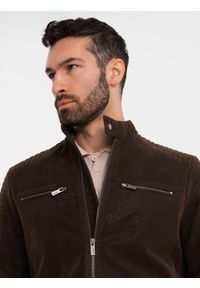 Ombre Clothing - Męska kurtka biker w stylu retro ze stójką – brązowa V1 - Rozmiar: L. Typ kołnierza: kołnierzyk stójkowy. Kolor: brązowy. Materiał: skóra, poliester, materiał. Styl: retro #10