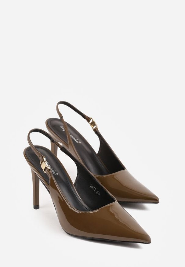 Renee - Zielone Sandały Slingback na Szpilce z Lakierowanym Połyskiem i Aplikacją Phisvienne. Kolor: zielony. Materiał: lakier. Wzór: aplikacja. Obcas: na szpilce. Styl: elegancki