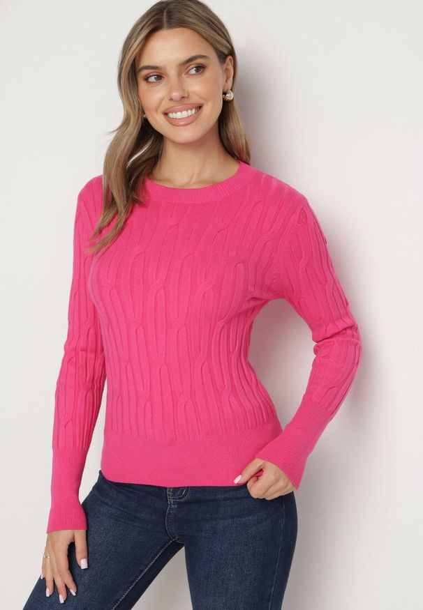 Born2be - Ciemnoróżowy Sweter z Wiskozą Ozdobiony Tłoczeniem Savinia. Okazja: na spotkanie biznesowe, na co dzień. Kolor: różowy. Materiał: wiskoza. Wzór: aplikacja. Styl: biznesowy, casual, elegancki