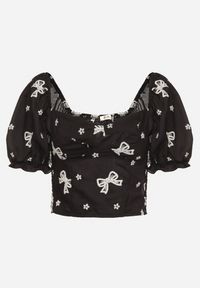 Born2be - Czarna Bluzka Ozdobiona Haftami w Kokardki z Bufiastymi Rękawami Eframara. Typ kołnierza: kokarda. Kolor: czarny. Materiał: jeans. Wzór: aplikacja, haft. Styl: elegancki, klasyczny