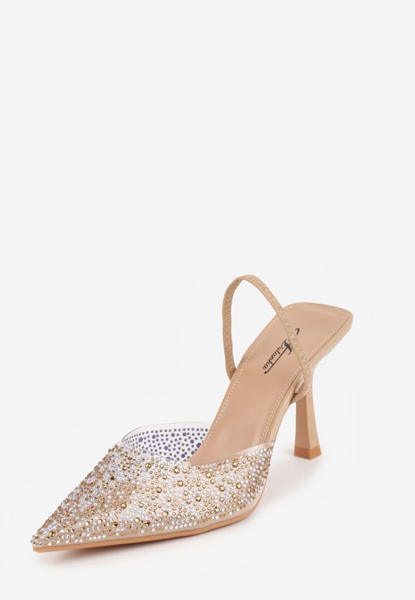 Born2be - Ciemnobeżowe Transparentne Szpilki z Odkrytą Piętą i Cyrkoniami na Nosku Ilunatia. Okazja: na co dzień, na randkę, na ślub cywilny, na wesele. Kolor: beżowy. Materiał: jeans. Obcas: na szpilce. Styl: casual, elegancki, wizytowy