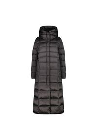 Damska długa kurtka z kapturem CMP. Typ kołnierza: kaptur. Kolor: szary. Materiał: puch. Długość: długie. Sport: turystyka piesza #1