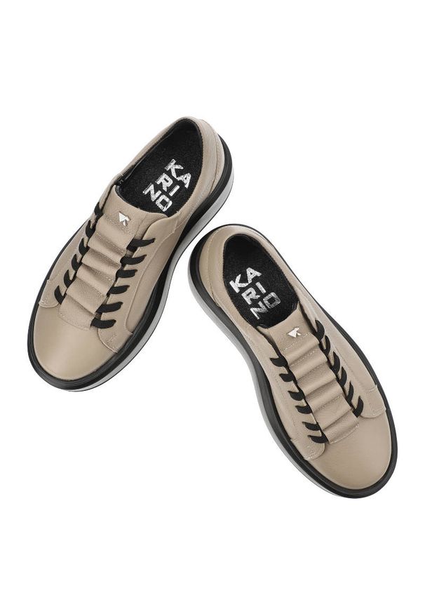 Beżowe Sneakersy Karino Modne Skórzane Buty. Kolor: beżowy. Materiał: skóra. Szerokość cholewki: normalna