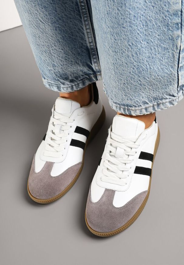 Renee - Białe Skórzane Sneakersy Tenisówki Velauri. Okazja: na co dzień. Zapięcie: sznurówki. Kolor: biały. Materiał: skóra. Obcas: na obcasie. Wysokość obcasa: niski
