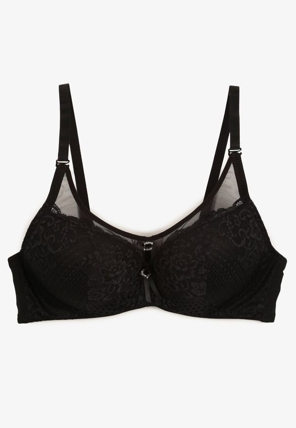 Born2be - Czarny Biustonosz Koronkowy Typu Push-Up z Metalową Ozdobą Chrissty. Kolor: czarny. Materiał: koronka. Rodzaj stanika: push-up. Wzór: aplikacja