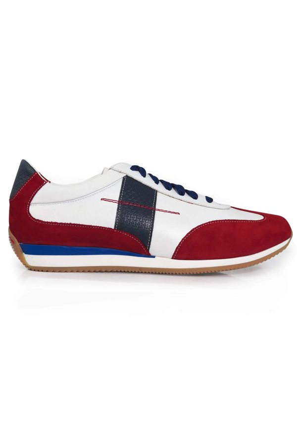 Faber - Biało-czerwono-granatowe obuwie sportowe, sneakers T140. Kolor: czerwony, biały, niebieski, wielokolorowy. Materiał: skóra. Styl: sportowy
