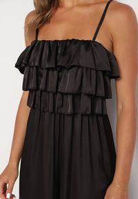 Born2be - Czarny Kombinezon Koktajlowy na Regulowanych Ramiączkach z Falbankami i Gumką w Pasie Tesvia. Okazja: na co dzień. Kolor: czarny. Długość rękawa: na ramiączkach. Styl: wizytowy #6
