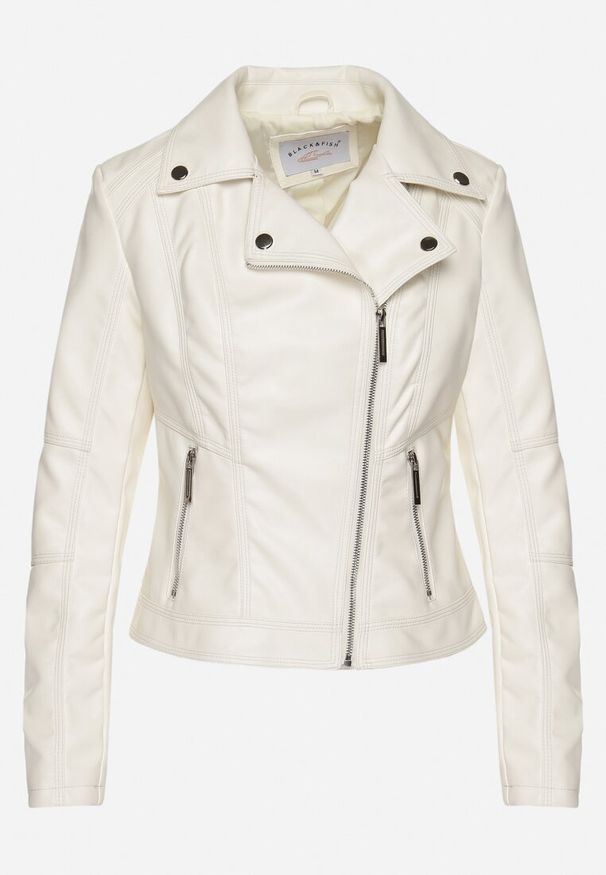 Born2be - Jasnobeżowa Kurtka Typu Ramoneska o Taliowanym Kroju z Kieszeniami Lorantha. Kolor: beżowy. Styl: klasyczny