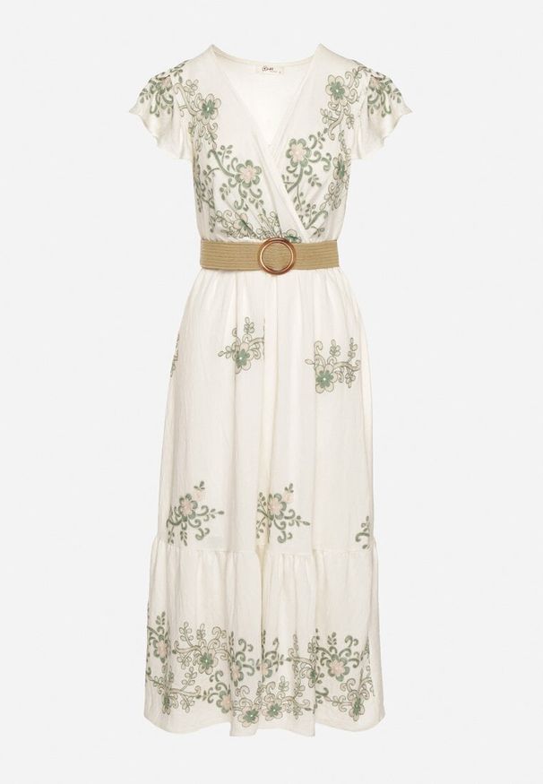 Born2be - Biało-Zielona Wiskozowa Sukienka z Kopertowym Dekoltem i Paskiem Nilazea. Okazja: na co dzień. Kolor: biały. Materiał: wiskoza. Typ sukienki: kopertowe. Styl: casual, elegancki, boho