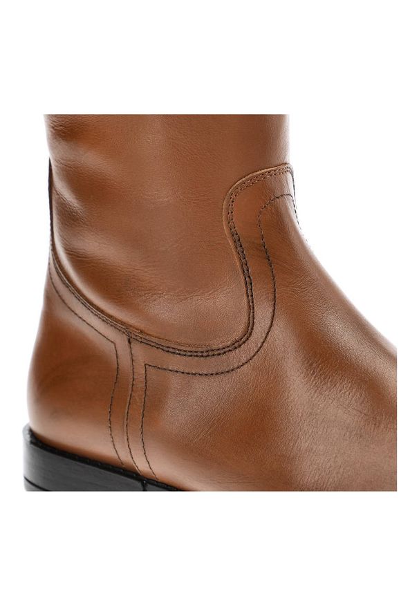 TOMMY HILFIGER - Brązowe Kozaki Damskie Tommy Hilfiger Eleganckie Skórzane Buty. Kolor: brązowy. Materiał: skóra. Szerokość cholewki: normalna. Wzór: gładki. Obcas: na obcasie. Styl: elegancki. Wysokość obcasa: niski