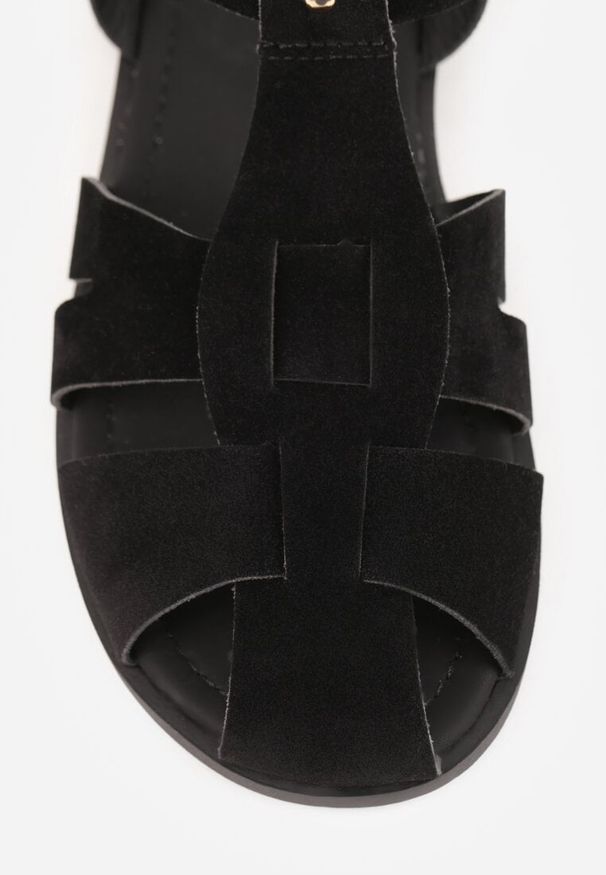 Renee - Czarne Sandały Gladiatorki z Imitacji Nubuku Zapinane na Sprzączkę Briannea. Zapięcie: sprzączka. Kolor: czarny. Materiał: nubuk. Wzór: haft. Sezon: lato. Styl: elegancki