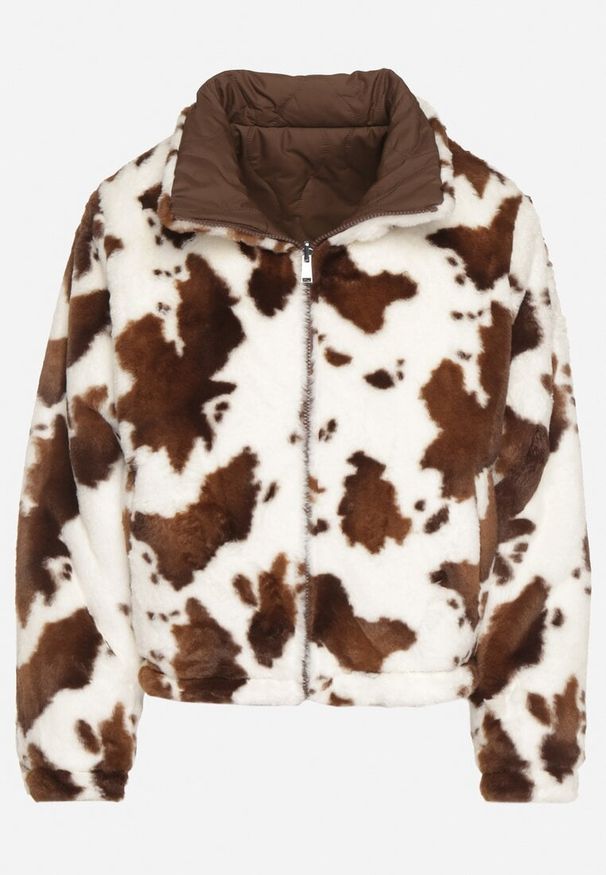 Born2be - Brązowa Dwustronna Pikowana Kurtka z Futerkiem w Łaty Meviatella. Okazja: na co dzień. Kolor: brązowy. Materiał: futro. Styl: casual, klasyczny